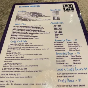 Drink menu