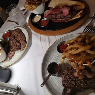 Loft Burger, Pepper Crusted Delmonico Steak and Skirt Steak