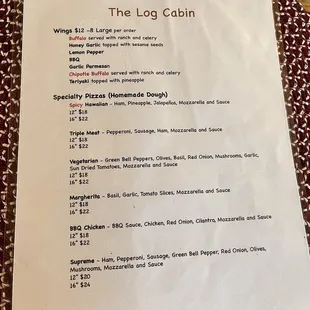 One page of their menu, but for us the most important as it had the pizza