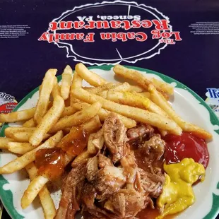 Fries &amp; polled pork with catsup, mustard. Can't eat bread or pies. Both tasty but cannot tolerate wheat, barley or rye. All favourites.