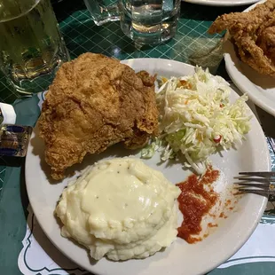 Chicken Breast, mashed potatoes and sweet vinegar Cole slaw!