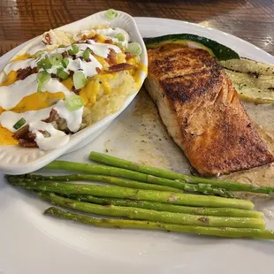 Salmon, smashed potatoes and asparagus plus some of my wife's grilled squash.