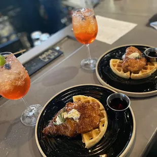 Watermelon spritz and fried chicken and waffles