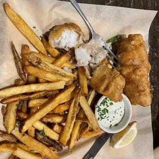 Fish &amp; Chips flaky fish without a lot of breading, the way they should be.