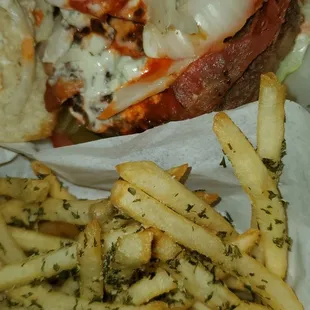 Buffalo Blue Burger and Parmesan Parsley Fries