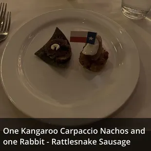 Kangaroo Carpaccio "Nachos" Rabbit-Rattlesnake Sausage