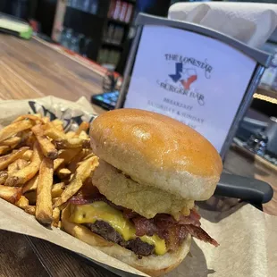 Lunch today was amazing! This is the  Lonestar Burger! Amazing staff and always happy and ready to serve