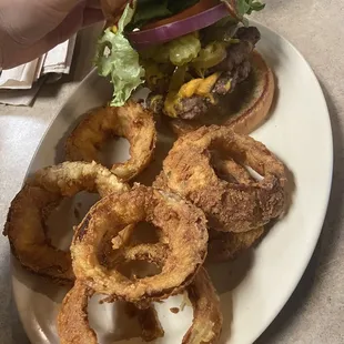 The BUB burger plus onion rings