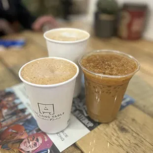 Hot mocha, hot caramel latte, iced latte
