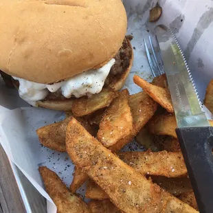 Mediterranean burger with wedge fries