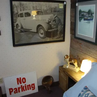 A giant antique car photo in the basement -- cool!