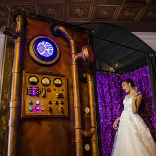 Our rustic steampunk photo booth rental at a stylized industrial wedding photo shoot.