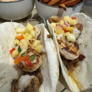 Shrimp Tacos, Tomato Bisque, Sweet Potato Fries