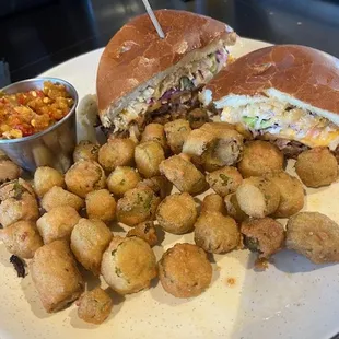 The Pulled Pork Sandwich with a side of Fried Okra