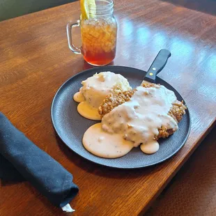 My favorite! Chicken fried steak with mash potatoes and gravy