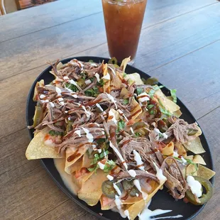 Smoked pulled pork nachos and a bloody marry!