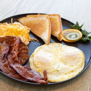 bacon, eggs, toast and toast