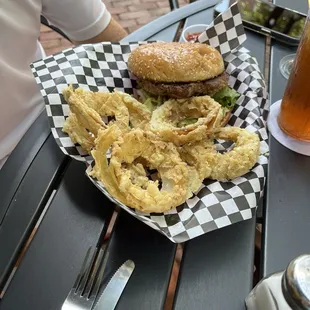 Burger and onion rings