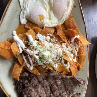Steak and eggs with chilaquiles