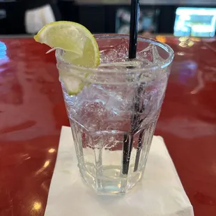 a glass of water with a slice of lemon