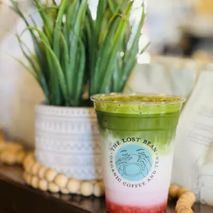 Iced Strawberry Matcha Latte w/ Oat Milk