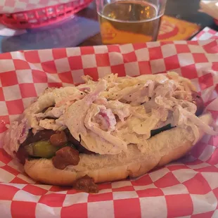 Build your own hot dog. Coney sauce, sport peppers and slaw