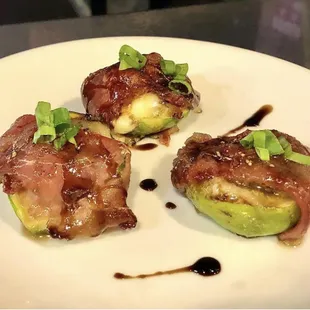 Prosciutto wrapped figs, with blue cheese &amp; aged Balsamic.