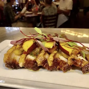 Crispy Pork Belly with Peaches.