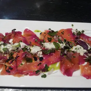Beet-cured salmon lox