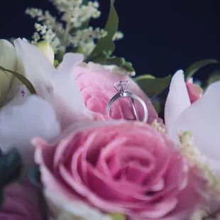 Wedding bands and a gorgeous rose bouquet