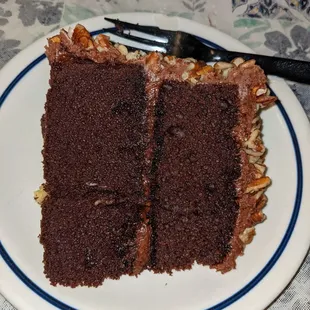 Slice chocolate pecan cake