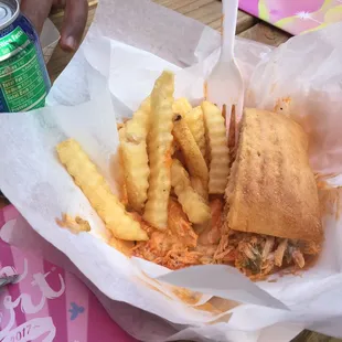 Food truck-buffalo chicken sandwich with fries. Yum!