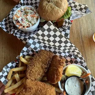 fish and chips and the og burger with coleslaw