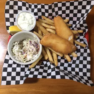 Halibut, fries, and coleslaw! So yummy!