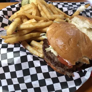 Hamburger and fries! I was so impressed that the hamburger wasn&apos;t over cooked