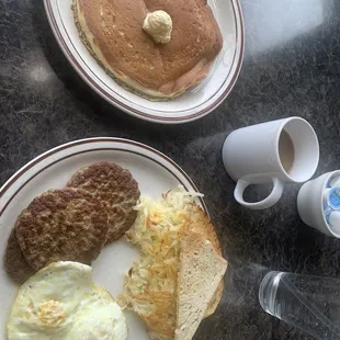 The Jordan.  Pancake eggs turkey sausage toast and hash browns.