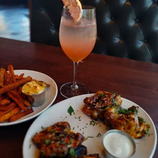 Asian chicken wings Sweet potato fries  Mocktail