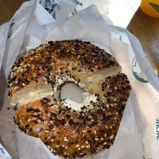 Everything bagel, look at that seasoning! Add cream cheese, so good