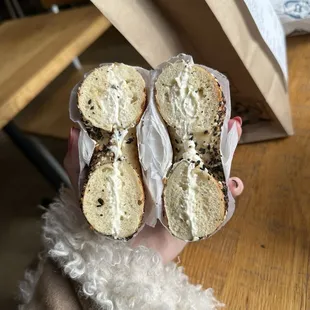 Everything Bagel with Roasted Garlic Cream Cheese - Sea Salt &amp; Herb Bagel with normal jelly