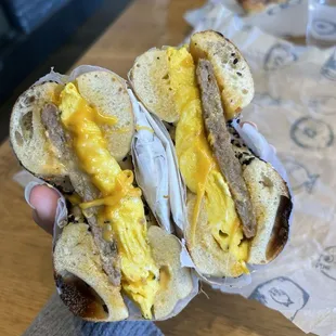 sausage egg and cheese on an everything bagel