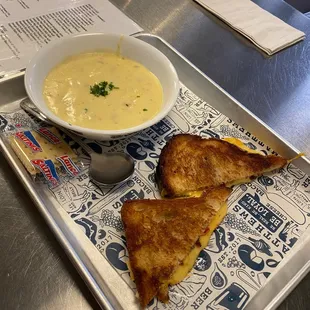 Grilled cheese and baked potato soup