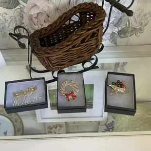 a wicker basket and jewelry