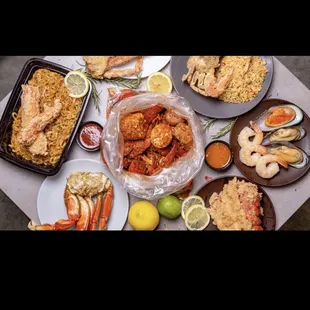 Several of our menu items; lucky boiled bag and fried combos