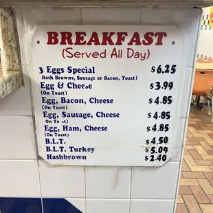 the breakfast menu on the counter