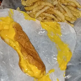 Cheese dog, &amp; fries