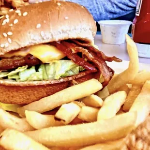 Bacon cheese burger and fries