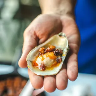 a person holding an oyster