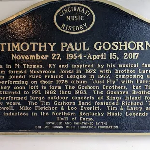 a plaque describing the history of timothy paul goshon