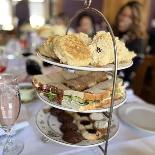 three tiered trays of sandwiches