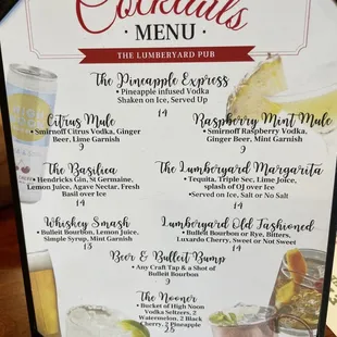 a menu for cocktails